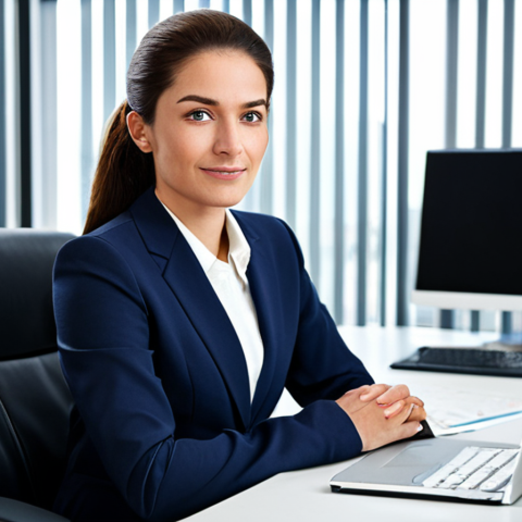 **

"A professional businesswoman in a modest business suit, sitting at a desk in a modern office, fully clothed, appropriate attire, safe for work, perfect anatomy, natural proportions, professional photography, high quality, family-friendly."

**