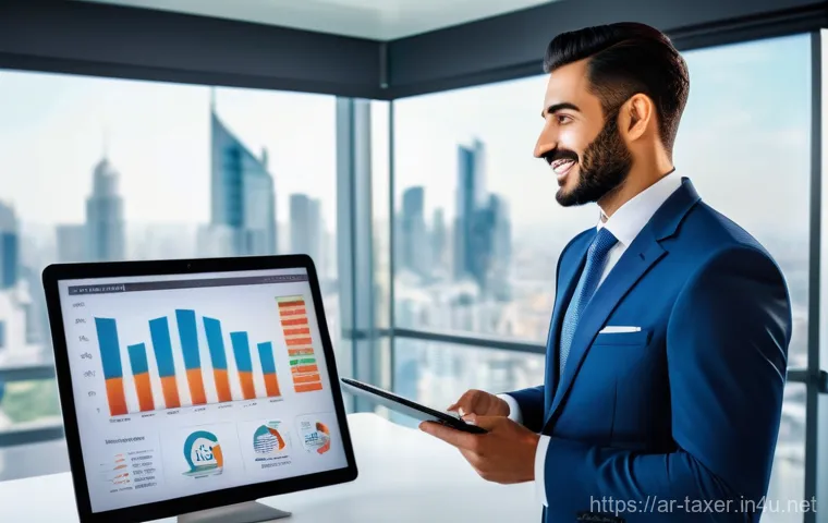 세무사와 비즈니스 의사결정 지원 - **Prompt:** A confident Arab male business owner, dressed in a smart business suit, stands in a mode...