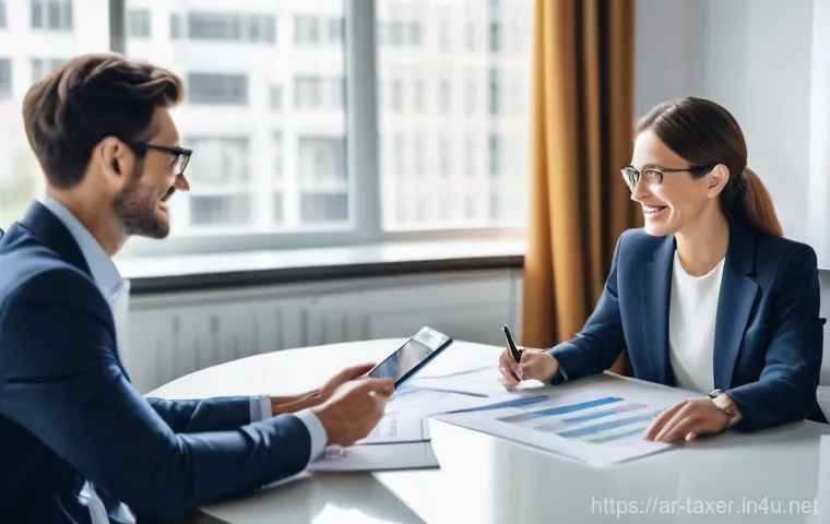 세무사와 비영리단체 세금 신고 - **Prompt:** A professional, friendly female tax consultant, wearing a modest business suit, is sitti...