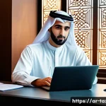 세무사와 IT 기술 적용 사례 - A modern Arab accountant in a stylish office setting, using advanced accounting software on a sleek ...