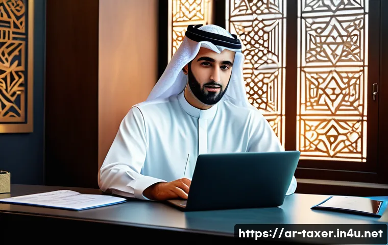 세무사와 IT 기술 적용 사례 - A modern Arab accountant in a stylish office setting, using advanced accounting software on a sleek ...