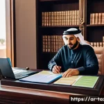 세무사와 금융 소득 신고 - A professional Arab man in his 30s sitting at a traditional wooden desk, meticulously organizing fin...