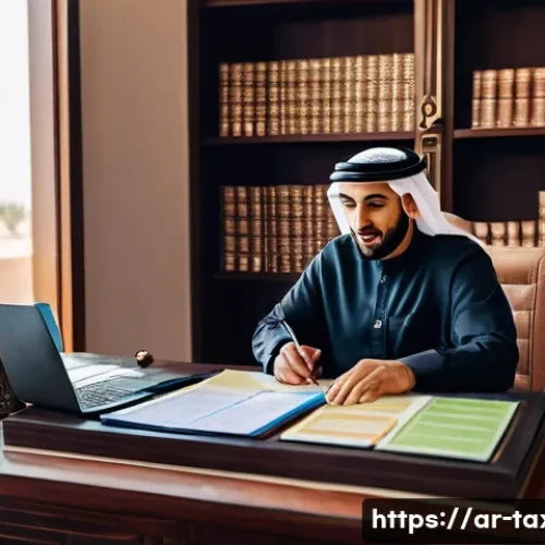 세무사와 금융 소득 신고 - A professional Arab man in his 30s sitting at a traditional wooden desk, meticulously organizing fin...
