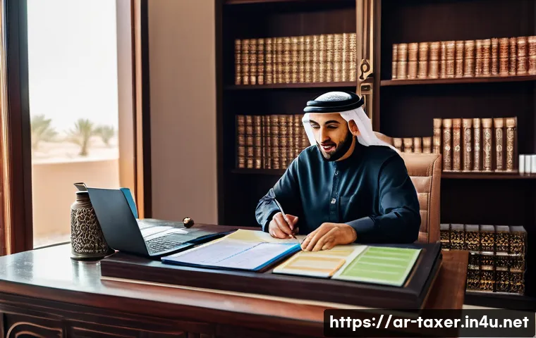 세무사와 금융 소득 신고 - A professional Arab man in his 30s sitting at a traditional wooden desk, meticulously organizing fin...