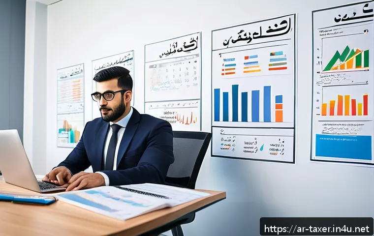 세무사 시험 문제 유형 분석 - A professional Arab accountant sitting at a modern desk in a bright office, deeply focused on solvin...