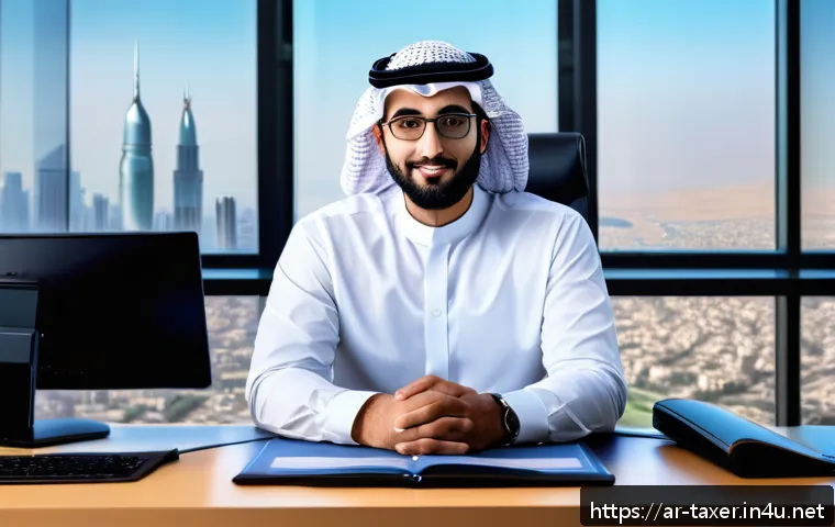 세무사 취업 시장 트렌드 - A modern Arab accountant in a professional office setting, wearing formal business attire and eyegla...