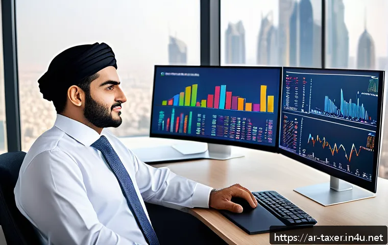 세무사 자격증의 경제적 가치 - A professional Arab accountant in formal business attire, confidently working at a modern office des...