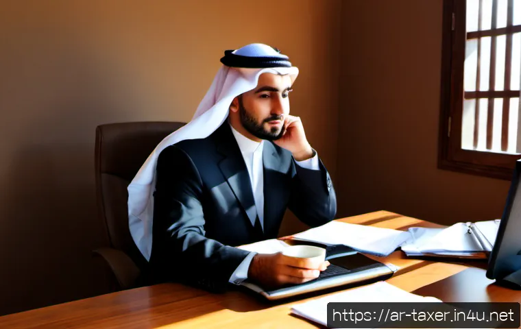 세무사 직무 스트레스 관리 - Photorealistic Middle Eastern Arab tax accountant in modest professional business attire taking a ca...