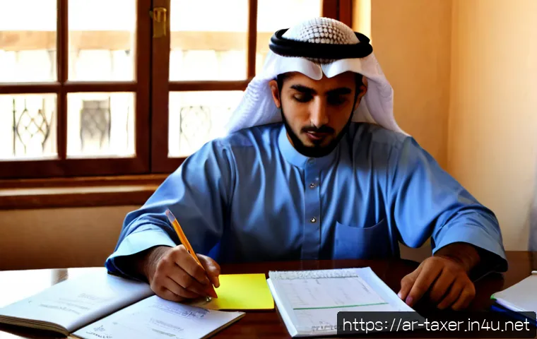 세무사 시험 준비 전략 - Photorealistic study strategy scene for a professional tax accountant examination, focused Arab univ...