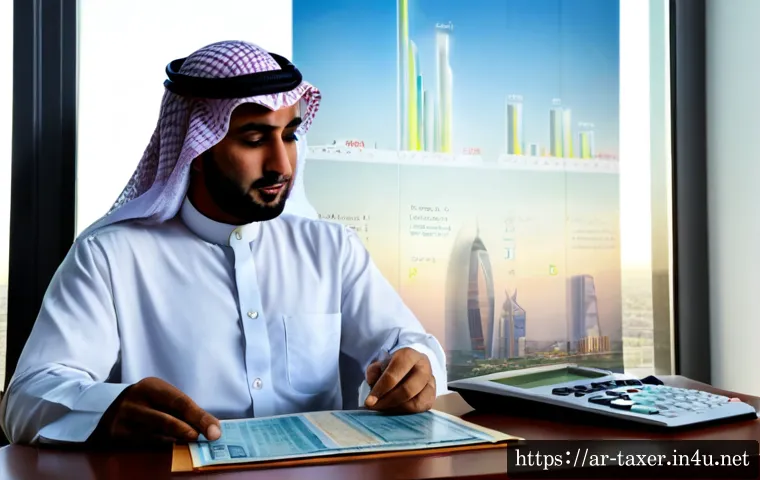 세무사와 AI 기술 융합 - Photorealistic modern tax advisory office in a Gulf Arab city, a professional Arab tax accountant in...
