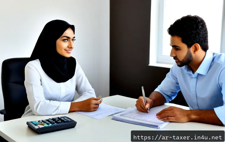 세무사와 세법 교육 프로그램 - Photorealistic Arab tax accountant in modest professional attire guiding two adult learners through ...