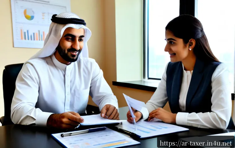 세무사와 종합소득세 신고 - Photorealistic consultation between a friendly Arab tax accountant in modest professional attire and...