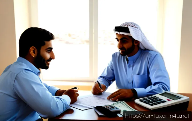 세무사와 소셜 임팩트 - Photorealistic Arab tax accountant in modest professional attire meeting with a small neighborhood b...